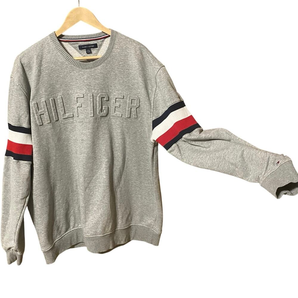 Tommy Hilfiger Gray Embossed Logo Crewneck Sweatshirt XXL Flag Stripe Sleeve